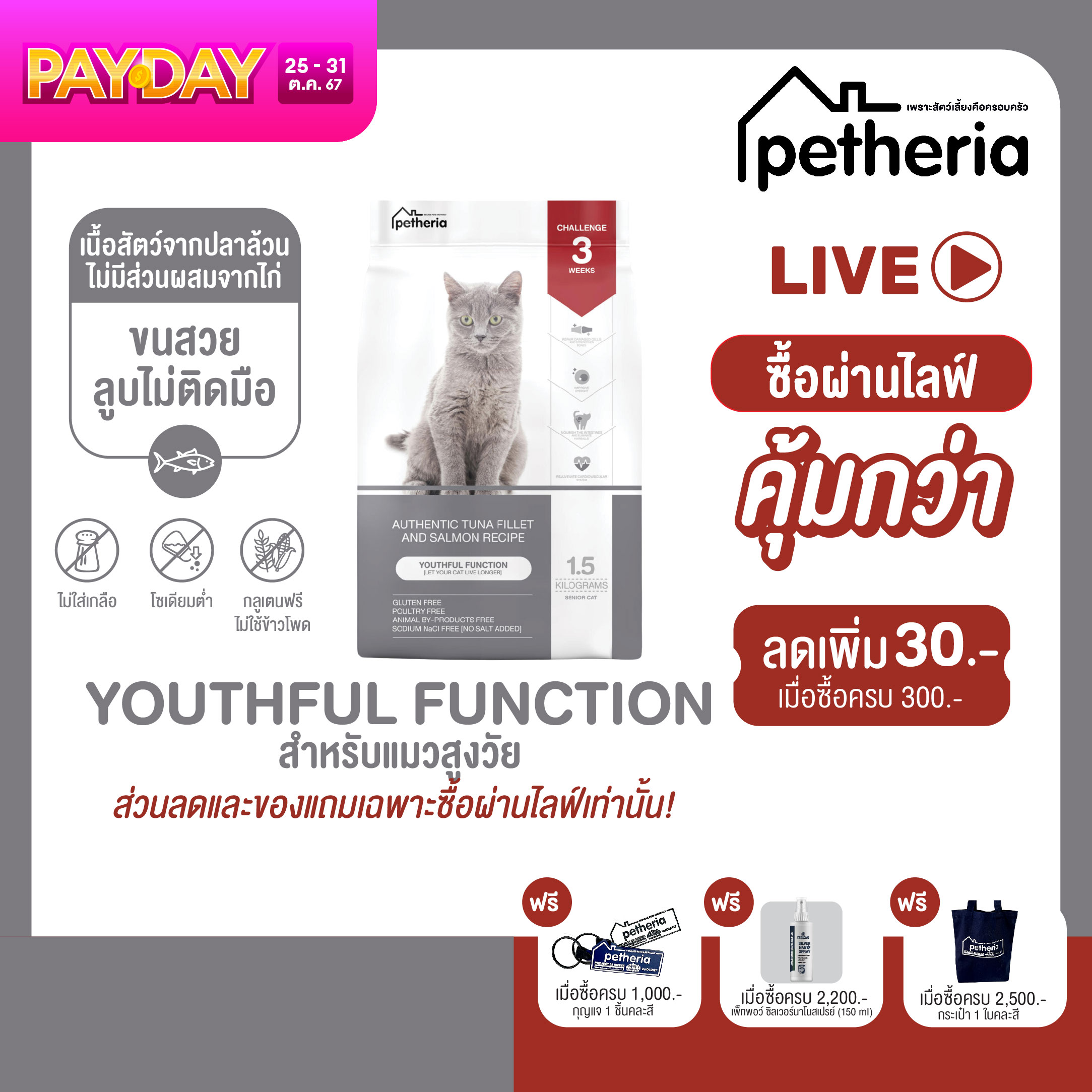 petheria Innovation Cat Food [YOUTHFUL FUNCTION] [No Corn & Gluten Free] [แมวสูงวัย 7 ปี+] 1.5 KG ราคา 254 บาท*ส่งฟรี