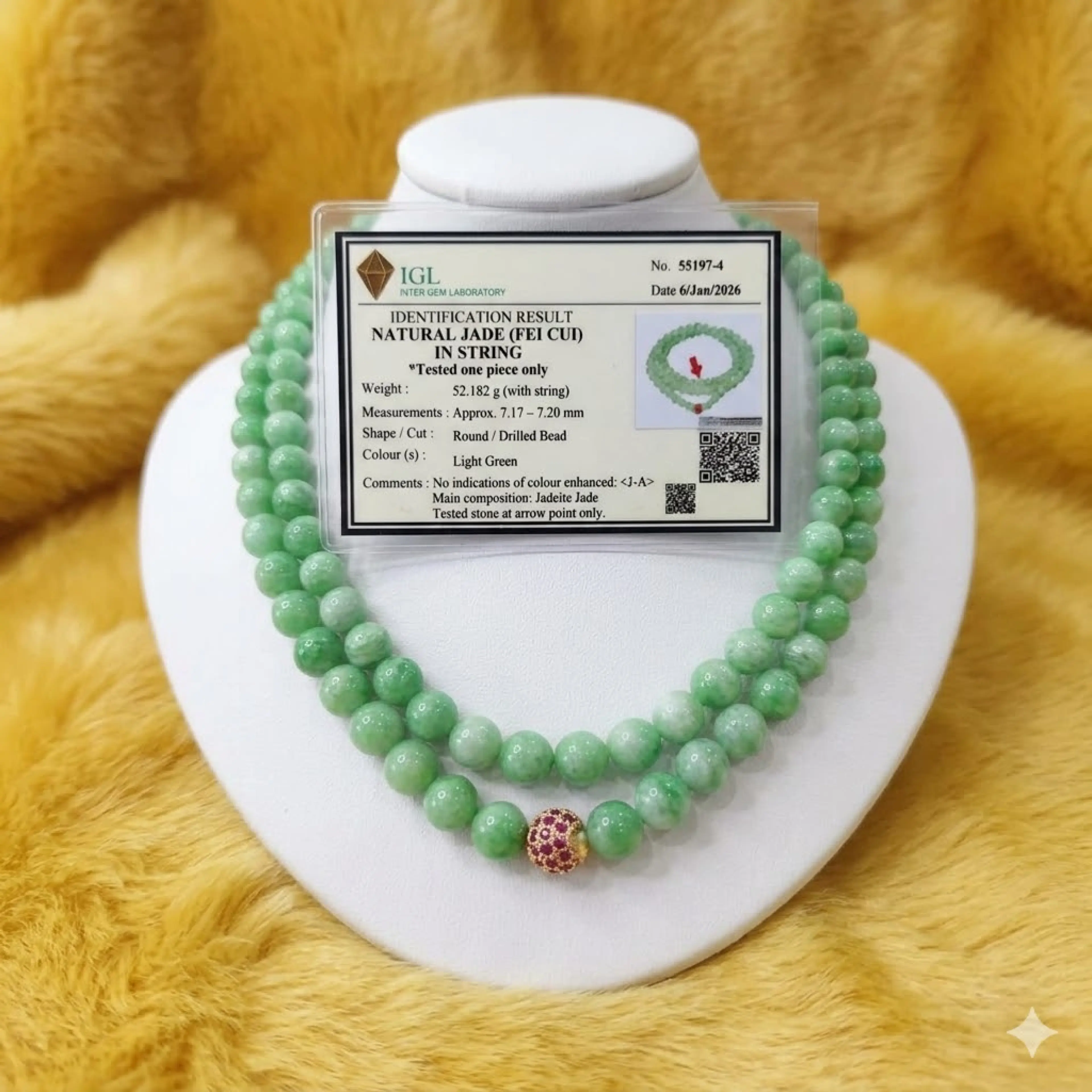 Burma Jade Necklace, Natural Green Apple, Type A, Size 7.2 Mm, Length 23.5 Inches, with Certificate.