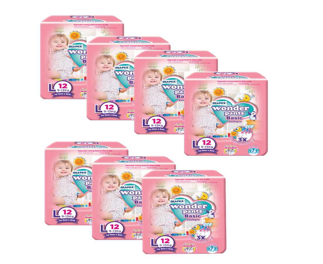 DIAPEX Wonder Pants Basic SizeL ผ้าอ้อมเด็ก กางเกงเด็ก แพมเพิสเด็ก ไดเพ็กส์ สำเร็จรูป ใช้ได้ทั้งชายและหญิงไซส์ L12 ชิ้น / แพ็ค x 7 จำนวน 84 ชิ้น /ลังยกลัง ราคา 360 บาท*ส่งฟรี