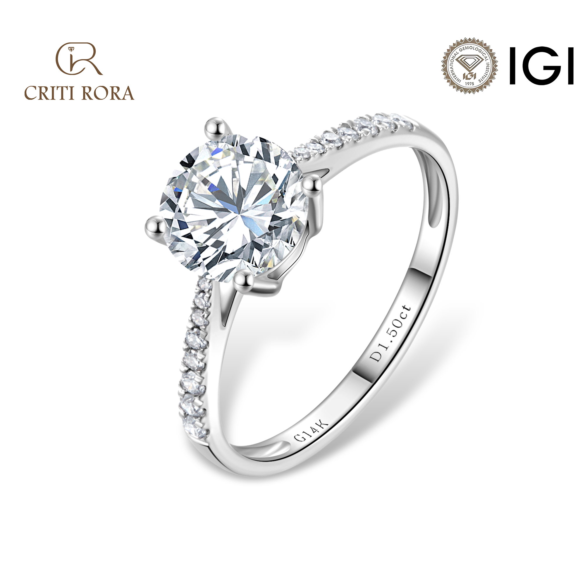 Criti Rora 1‑2 Carat Cultured Diamond Ring, Classic Circle Shape, 4 Prongs, Lab‑Grown Diamond, with Igi Certificate, Color D‑E, Clarity Vs1‑Vs2, 14K White Gold Setting, Ring Base Surrounded by Small Diamonds. Shining Radiantly Covered in Diamonds, Love Is