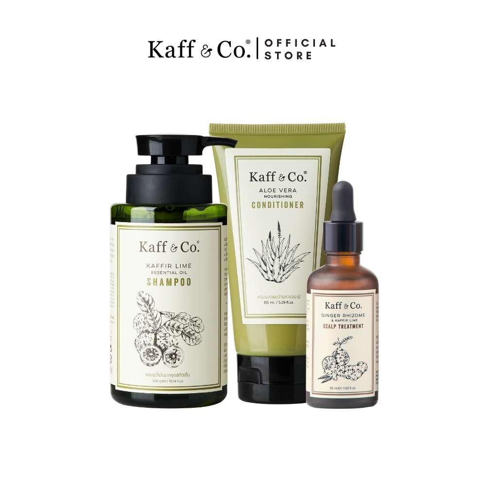 Kaff & Co. Product Set: Dry, Itchy Scalp, Dandruff, Weak Hair, Bergamot Shampoo & Hair Conditioner & Ginger Treatment ราคา 1,385 บาท*ส่งฟรี