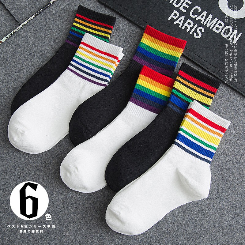 ใหม่แฟชั่น Rainbow ถุงเท้าผ้าฝ้ายลายทาง Unisex Novelty น่ารักถุงเท้าสั้น