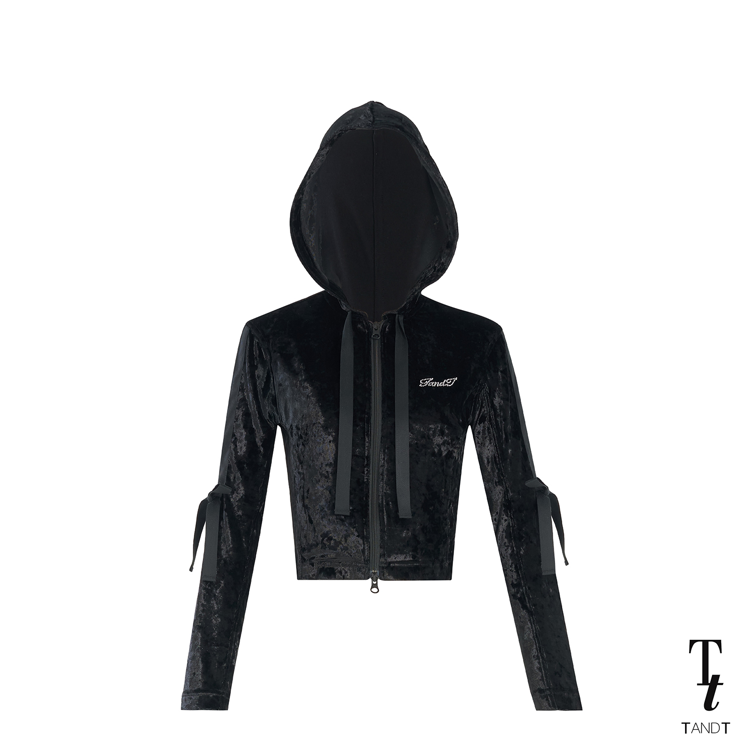 TandT - OLIVER JACKET - CRYSTAL EMBELLISHED LONG SLEEVE VELVET HOODED JACKET เสื้อแจ็คเก็ตเข้ารูปพอดีตัวมีหมวก ฮูดดี้ ซิปหน้า ตกแต่งเลื่อมเพชรเม็ดเล็ก ผ้ากัมหยีสีดำ *ไทด์ดอกกุหลาบ จำหน่ายแยก* ราคา 2,740 บาท*ส่งฟรี