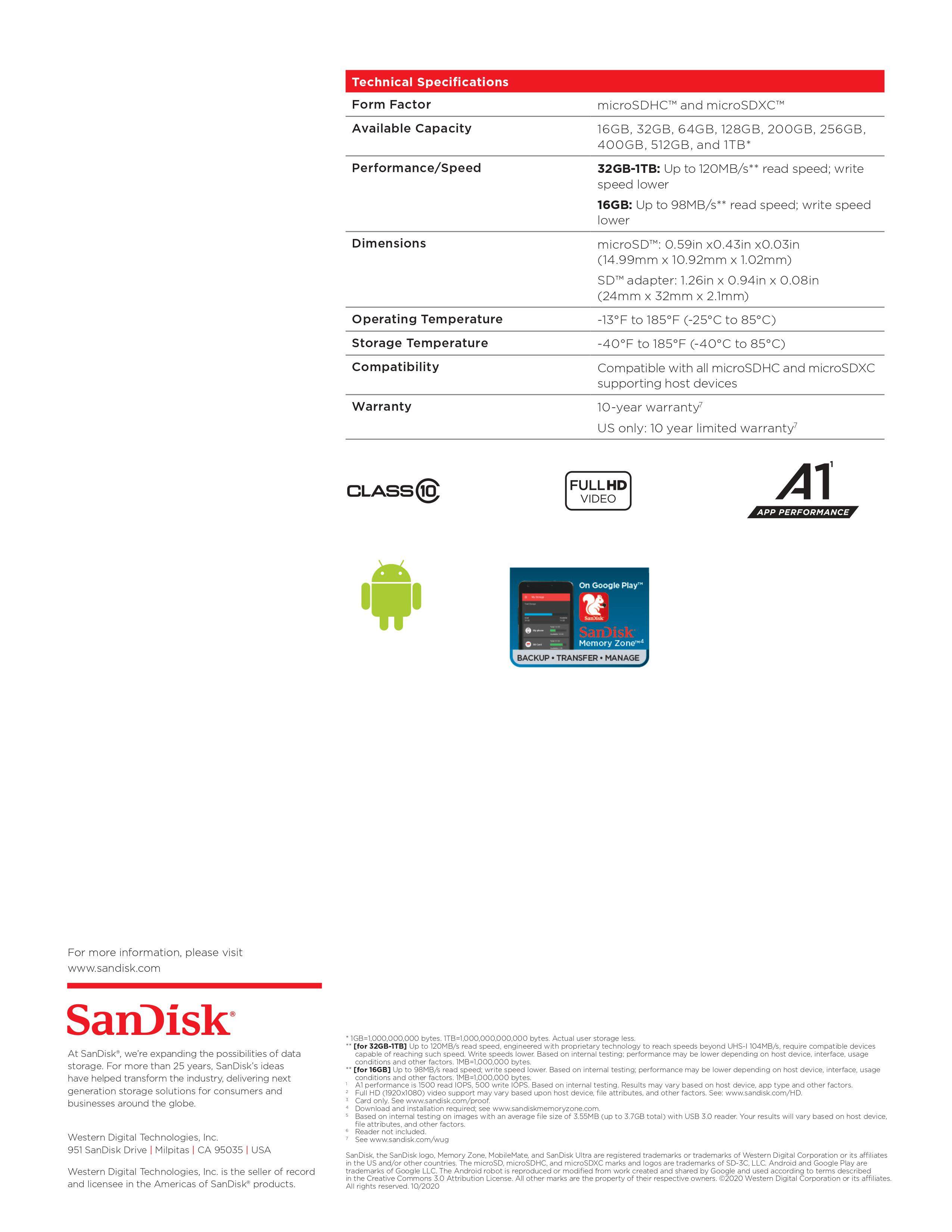 รายละเอียดเพิ่มเติมเกี่ยวกับ SanDisk Ultra microSDXC, SQUA4 256GB C10 A1,Speed 120MB - (SDSQUA4-256G-GN6MN)