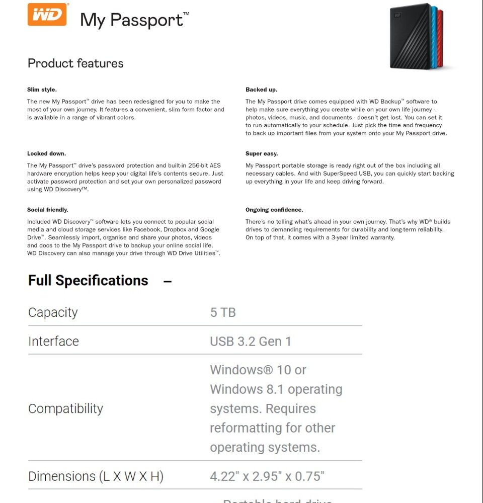รูปภาพรายละเอียดของ WD My Passport 5TB, Black, USB 3.0, HDD 2.5" ( WDBPKJ0050BBK-WESN   ) ( ฮาร์ดดิสพกพา Internal Harddisk Harddrive )