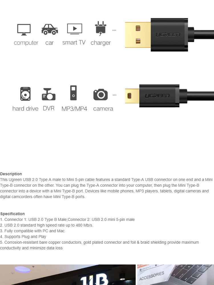 รายละเอียดเพิ่มเติมเกี่ยวกับ UGREEN สายชาร์จ Mini USB to USB หัวต่อชุบทอง ความยาวสาย 0.25 - 3M USB 2.0 สายกล้องรถยนต์ สายกล้องหน้ารถ ใช้งานได้กับ External HDD,Digital Camera,PS3 Controller,MP3/MP4,TV รุ่น US132