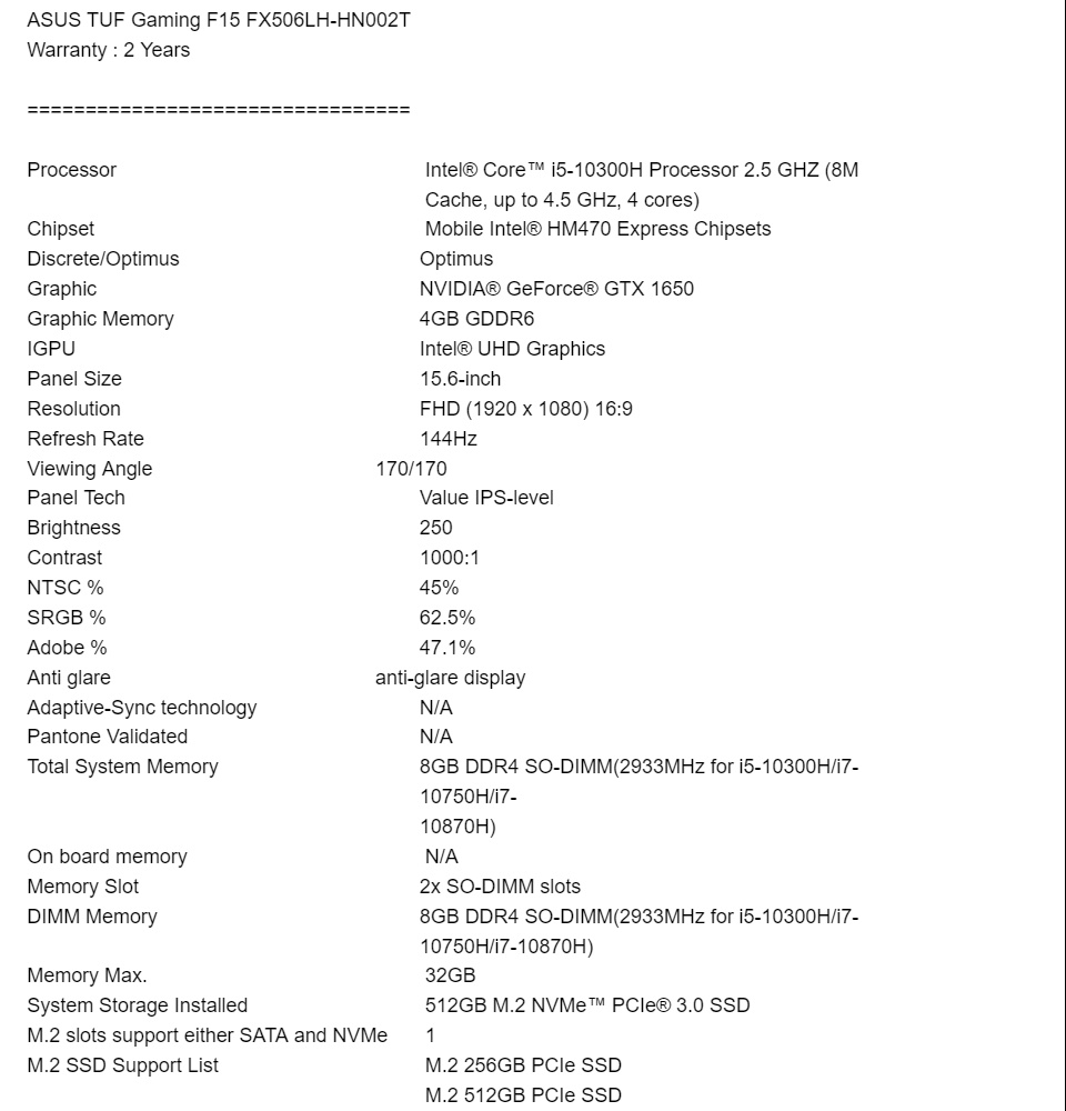 ภาพอธิบายเพิ่มเติมของ ASUS TUF Gaming F15 Gaming Laptop, 15.6” 144Hz FHD IPS-Type Display, Intel i5-10300H, GeForce GTX 1650, 8GB DDR4 SO-DIMM, 512GB M.2 NVMe PCIe 3.0 SSD, FX506LH-HN002T