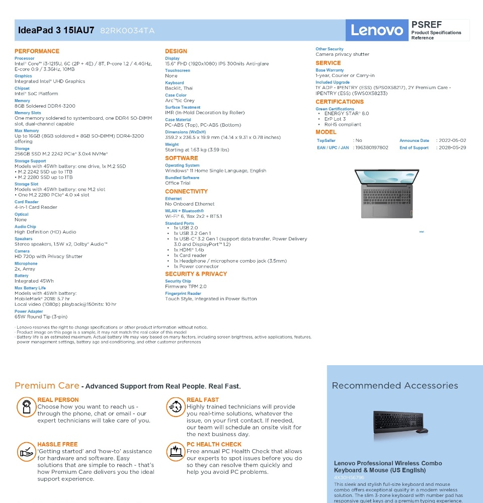 มุมมองเพิ่มเติมของสินค้า [ผ่อนชำระ 0% 10เดือน] Notebook Lenovo Ideapad3-15IAU7 (15.6"/i3-1215U/RAM 8GB /SSD 256GB/ UMA/W11/ประกัน 2 ปี On Site Service & อุบัติเหตุ 1 ปี)  โน๊ตบุ๊ค (82RK0034TA)