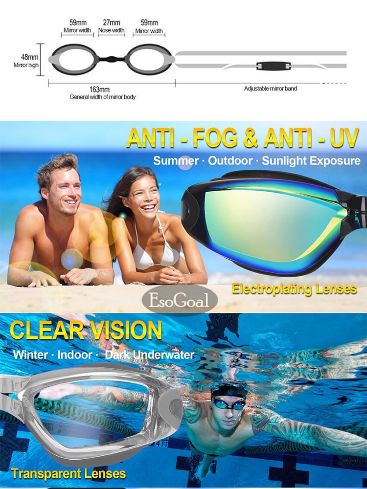 ข้อมูลเกี่ยวกับ EsoGoal ซิลิโคนแว่นตาว่ายน้ำแว่นตาดำน้ำ ป้องกัน, Anti-FOG, Anti-shatter, กันน้ำแก้ว ป้องกันแสงแดด UV Swimming glasses / Goggle for Adult Men Women Youth Kids Child
