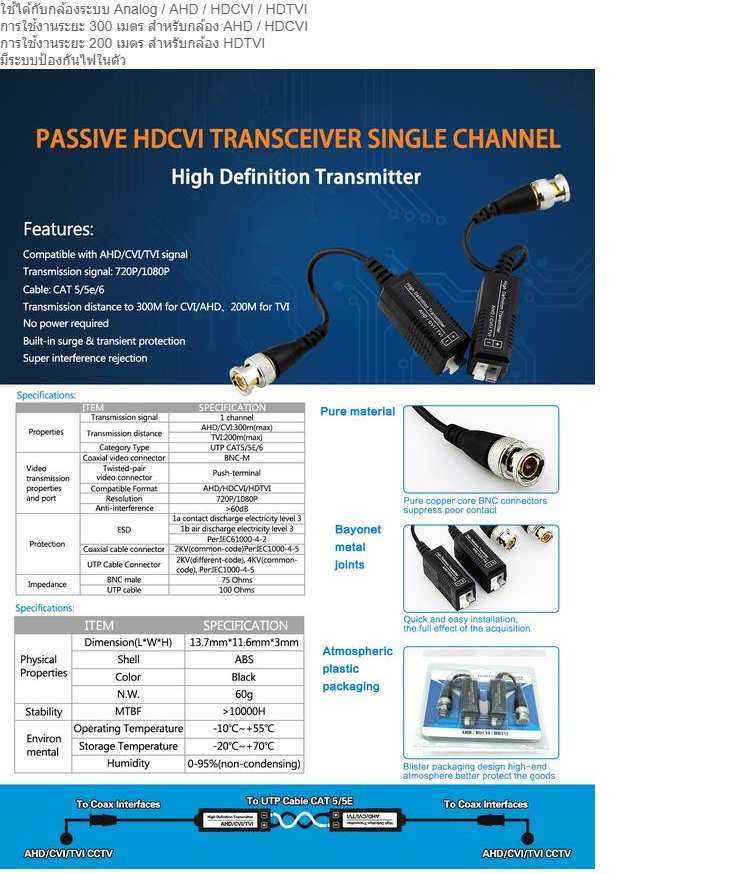ภาพประกอบคำอธิบาย Mawin Passive Balun บาลันสำหรับกล้องวงจรปิด AHD / HDCVI / HDTVI   x 4 บาลัน Balun cctv balun HD บารัน Passive Balun สำหรับงาน CCTV