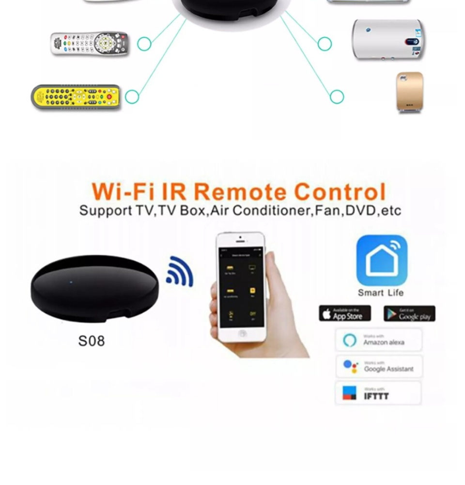 ข้อมูลเพิ่มเติมของ Tuya IR Universal Remote Control รุ่น S08 Pro อุปกรณ์ควบคุมรีโมท IR เช่น แอร์ ทีวี รองรับ Alexa, Google Home