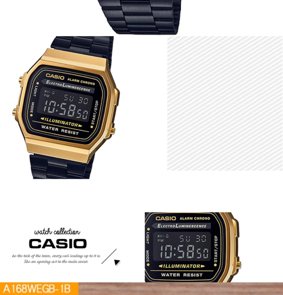 ข้อมูลเกี่ยวกับ นาฬิกาผู้หญิง Casio รุ่น A-168WEGB-1B สายสีดำ หน้าปัดขอบสีทอง สวย ใหม่ ของแท้100% แบตเตอรี่10ปี ประกันศุนย์ เซ็นทรัลCMG1 ปี จากร้าน MIN WATCH