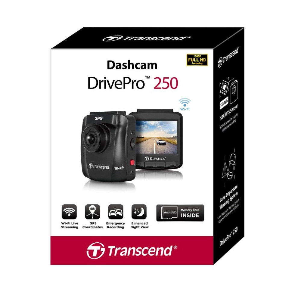 ข้อมูลเกี่ยวกับ [ศูนย์ไทย] Transcend DrivePro 250 กล้องติดรถยนต์ Full HD WIFI GPS ฟรี MicroSD 32GB กล้องติดรถยน2022 กล้องหน้ารถยน2022 ประกันศูนย์ไทย 2 ปี