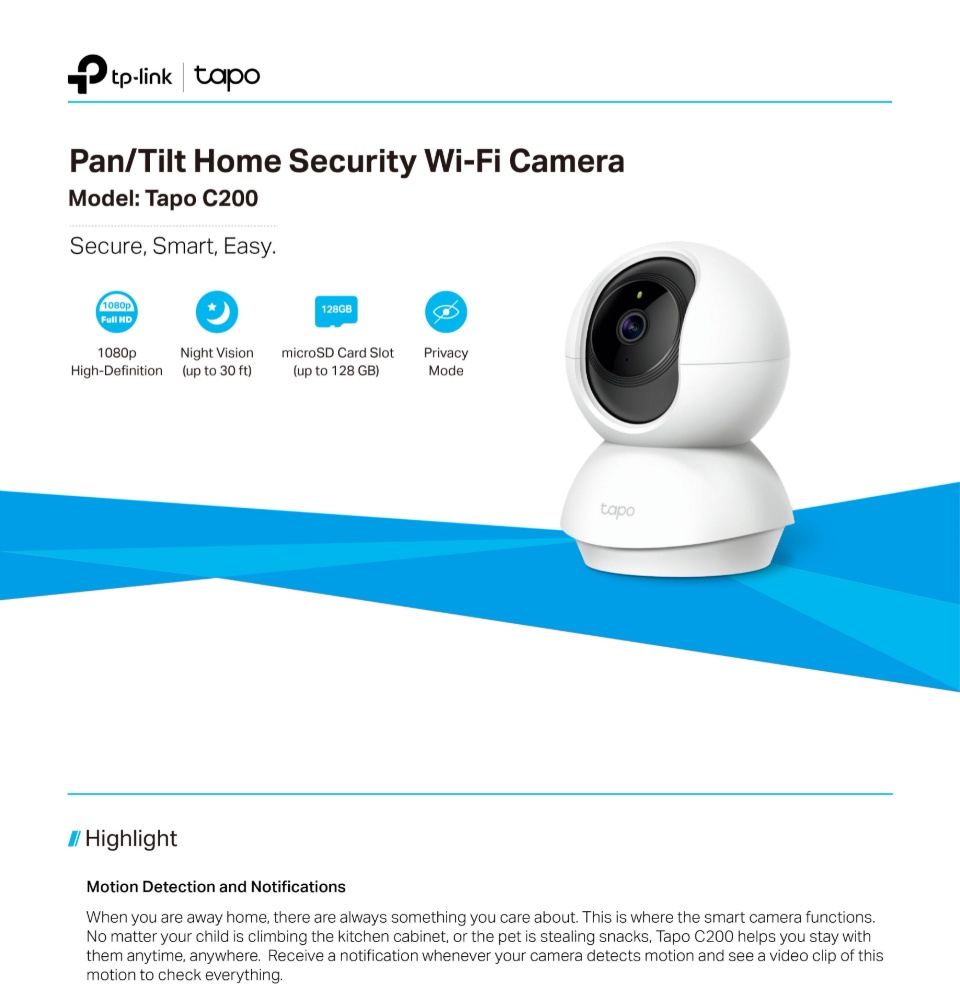 ภาพประกอบคำอธิบาย TP-Link Tapo C200 PAN/TILT Home Sec WI-FI Camera ( กล้องวงจรปิด IP Camera )
