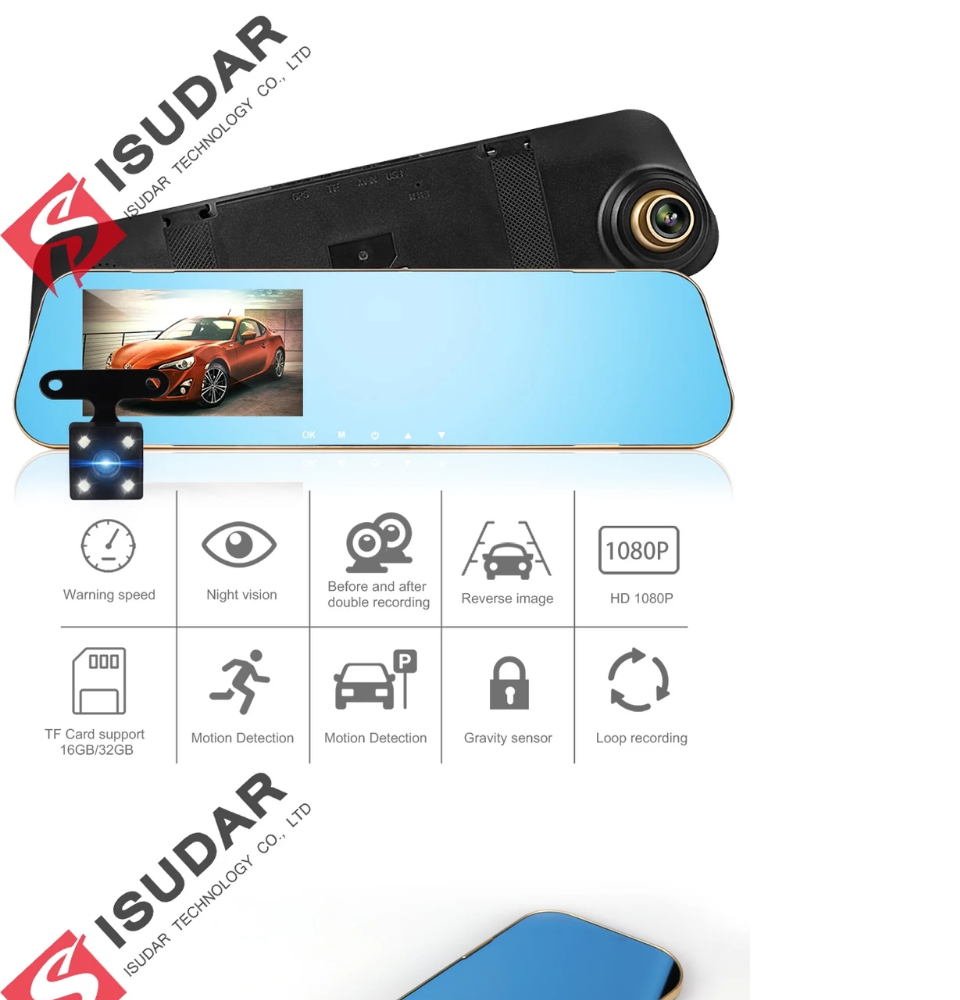 ภาพที่ให้รายละเอียดเกี่ยวกับ Car DASH DVR CAM กล้องติดรถยนต์ (กระจกตัดแสง กล้องหน้า Full HD และกล้องหลัง HD)-XH2(สีทอง) ฟรี Kingston 32GB SD Card(ของแท้)