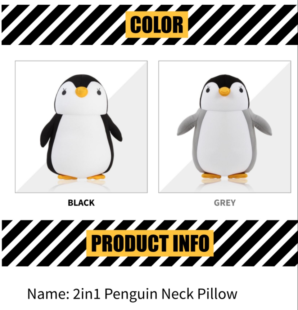 มุมมองเพิ่มเติมของสินค้า 2in1 Penguin Neck Pillow Cute Doll Birthday Present (Grey, Black)