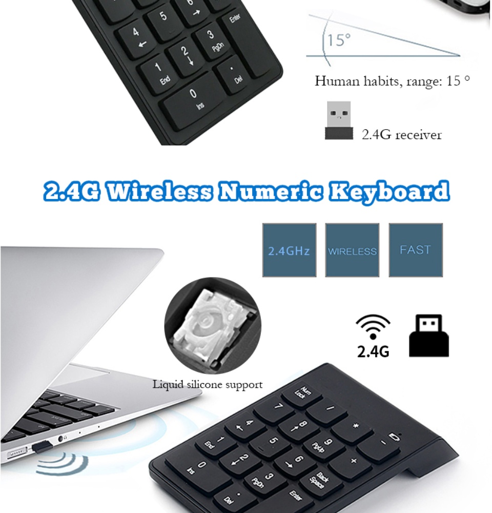 มุมมองเพิ่มเติมของสินค้า HUAQOO คีย์บอร์ดตัวเลข ไร้สายUSB คีย์บอร์ด คีย์บอร์ดบลูทูธมินิ รุ่นแป้นพิมพ์ตัวเลขไร้สาย 2.4G คีย์บอร์ดมินิ รองรับIOS/Android/ Windows/Mac แป้นพิมพ์ตัวเลข Blth wireless nc keyboard