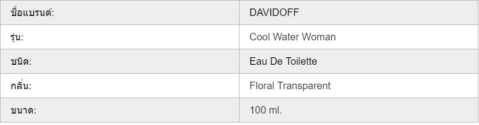 ข้อมูลเพิ่มเติมของ Davidoff cool Water for Women 100ml ดาวิดอฟ น้ำหอมผู้หญิง