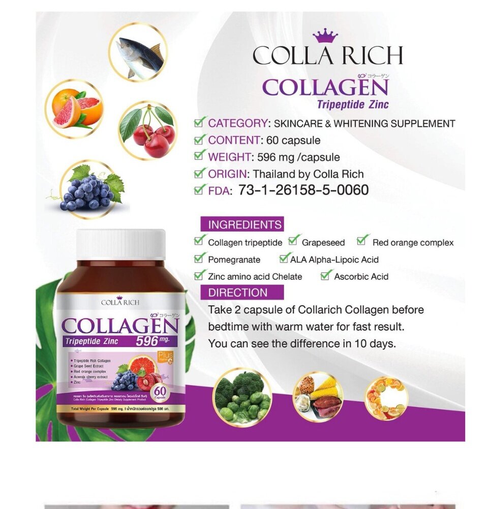 ข้อมูลเพิ่มเติมของ [เซตคู่ 2 กระปุก] collarich collagen [60 เม็ด] + Zom Rich Zu ส้มริชซึ [30 เม็ด]