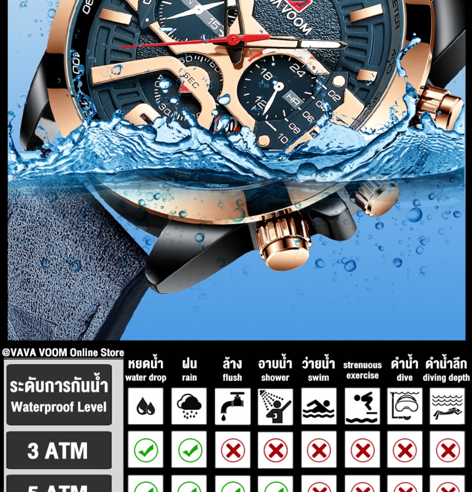 ข้อมูลประกอบของ VAVA VOOM นาฬิกาข้อมือ นาฬิกาผู้ชาย นาฬิกาข้อมือกีฬา นาฬิกาธุรกิจ สายหนัง พร้อมปฏิทิน นาฬิกาควอตซ์ คุณภาพดี