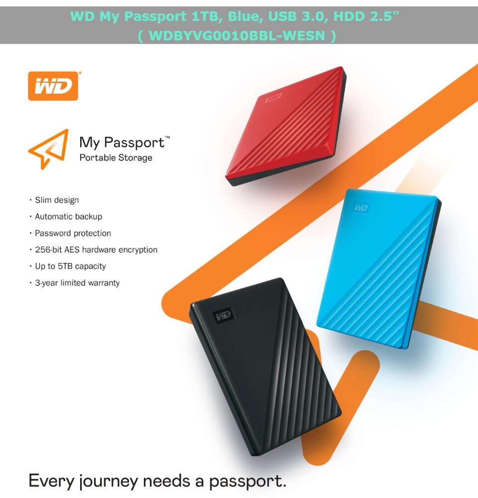 เกี่ยวกับสินค้า WD My Passport 1TB, Blue ฟรี! กระเป๋ากันกระแทก USB 3.0, HDD 2.5   ( WDBYVG0010BBL-WESN ) ( ฮาร์ดดิสพกพา Internal Harddisk Harddrive )