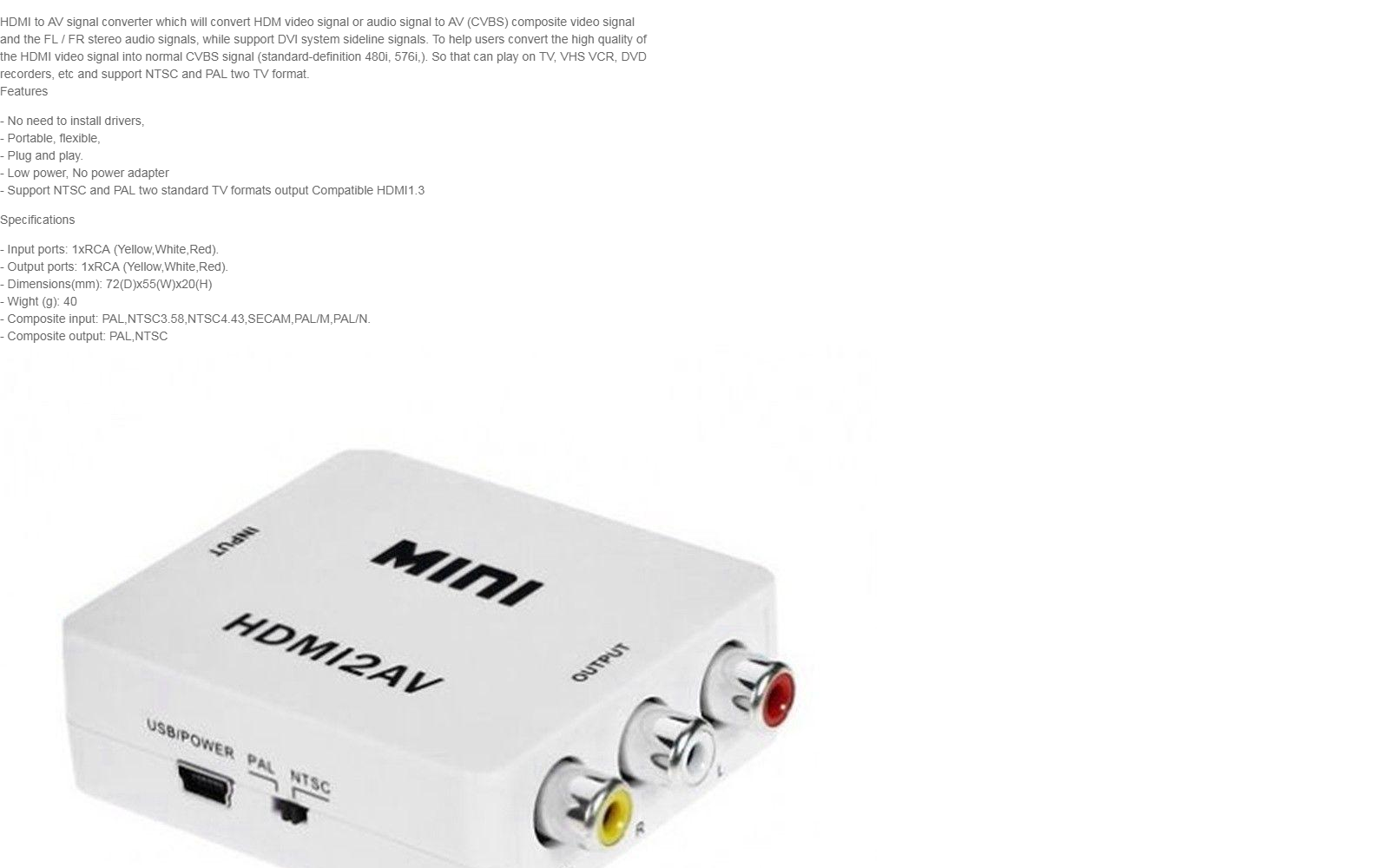 เกี่ยวกับ HDMI to AV Converter (1080P) แปลงสัญญาณภาพและเสียงจาก HDMI เป็น AV (สีขาว)